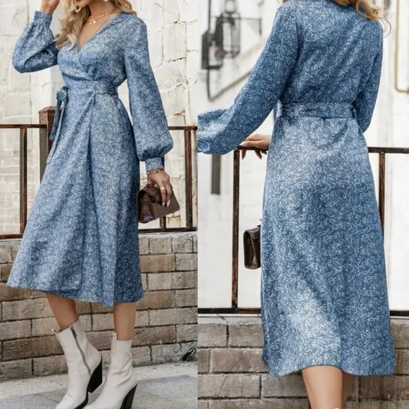 Boho green floral print wide knot wrap dress - Picture 6 of 8